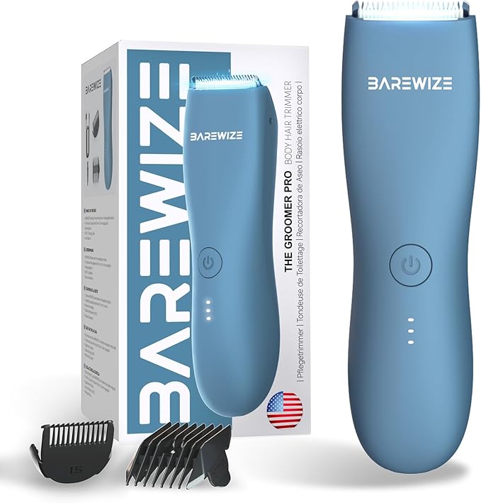 Body Hair & Pubic Hair Trimmer for Men & Women, Painless Electric Body & Bikini Shaver | Waterproof, Type-C Rechargeable, LED Light, Replaceable Blade, Manscape Personal Groomer (Sea Blue)