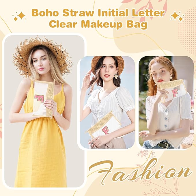Small Boho Straw Initial Letter Makeup Bag Personalized Gift ,Cute Clear Chenille Patch Makeup Bag With Zipper,Trendy TSA Approved Travel Toiletry Bag,Gift for Women Girls Birthday Friend, Letter F