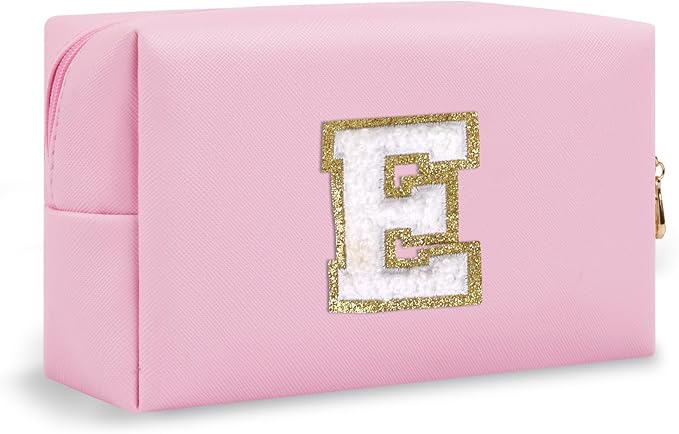 Personalized Chenille Letter Preppy Patch Makeup Bag, Small Pink Travel Cosmetic Bag Initial Toiletry Zipper Pouch Monogram Makeup Storage, Waterproof Makeup Case Travel Essentials for Women(Letter E)