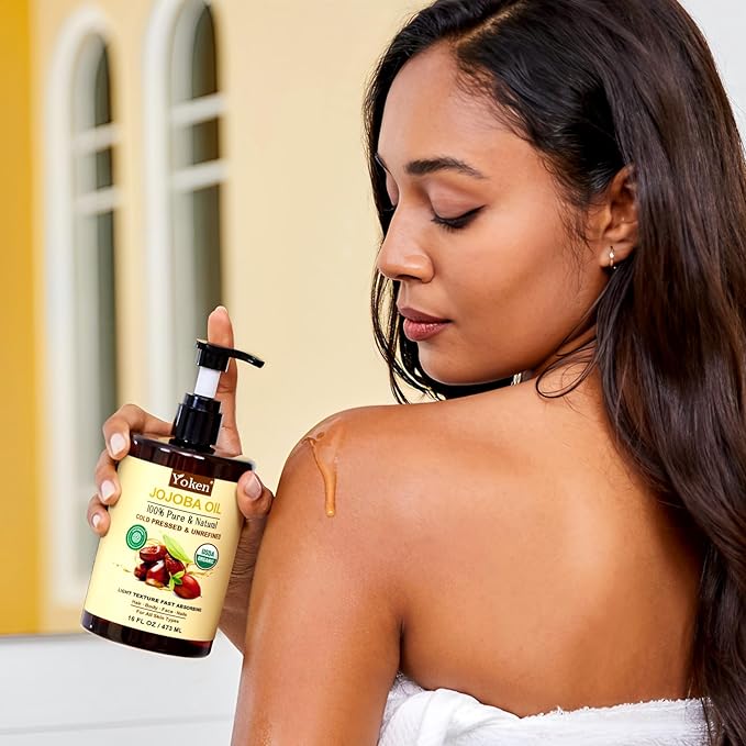 Pure Jojoba Oil Organic USDA Certified 16 fl oz, 100% Natural Jojoba Oil for Hair, Skin & Face, Cold Pressed Unrefined, Deeply Moisturizing Body Carrier Oils for Essential Oils Mixing