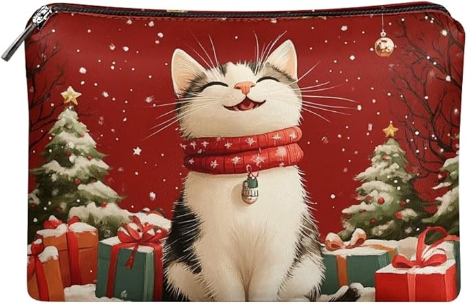 COEQINE Christmas Cat Makeup Bags for Women Travel Leather Make Up Pouch Portable Cosmetic Bag Waterproof Travel Makeup Case Organizer for Womens Birthday Xmas Gifts Toiletry Handbag for Holiday