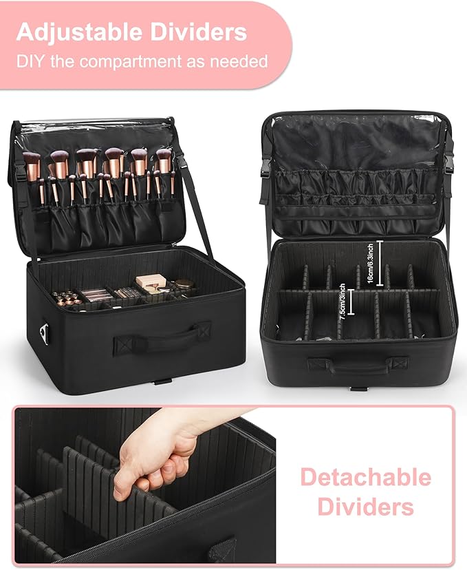 Relavel Extra Large Cosmetic Case, Travel Makeup Bag with 4 Clear Pouches & Lipstick Plate, Portable Cosmetic Case Storage Organizer Box for Makeup Artists with Shoulder Strap & Adjustable Dividers