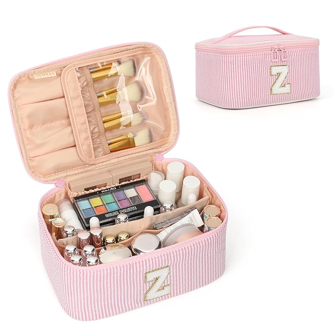 OCHEAL Makeup Bag for Women, Monogram Cosmetic Bag with Brush Holder, Pink Travel Makeup Case Beauty Toiletry Bag Organizer Personalized Gifts for Girls Bridesmaid, Sister, Wife, Friends Initial Z