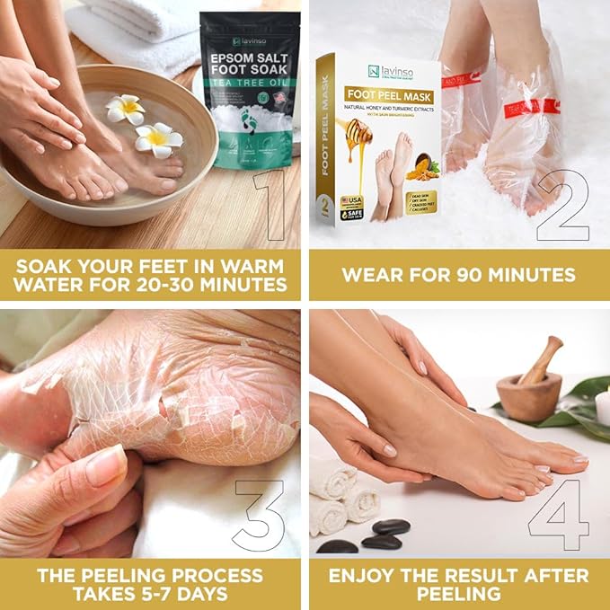 Lavinso Foot Peeling Mask Extra Strength - 3 Pack - Feet Mask for Dry Cracked Feet and Callus - with Honey and Turmeric