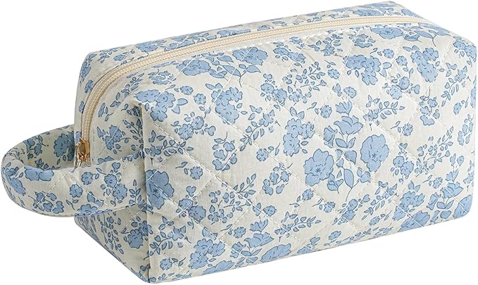 Makeup Bag Travel Cosmetic Bag for Women, Zipper Make Up Pouch, Floral Flowers Toiletry Organizer Makeup with Handle, Cosmetic Travel Cloth Bag (Blue Floral)