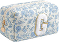 Gleyemor Personalized Initial Makeup Bag for Women, Cute Quilted Blue Floral Cotton Cosmetic Bag, Christmas Gifts for Her Mom Friend Sister Bridesmaid Teacher Women G