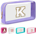 Small Clear Personalized Initial Makeup Bag,Nylon Preppy A-Z Chenille Letter Patch Cosmetic Pouch Beach Toiletry Bag,Waterproof Zip Travel Purse Storage Bag Organizer for Women Girls(Purple-White K)