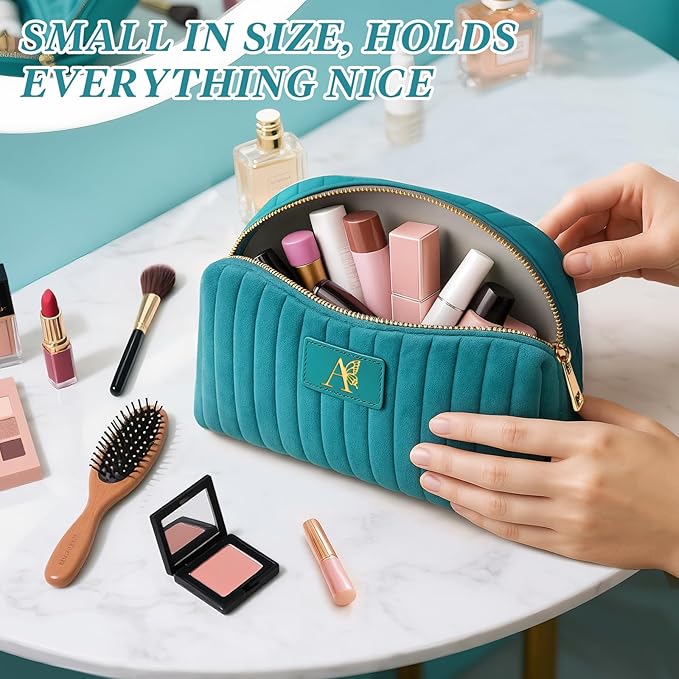 Monogrammed Make Up Bags for Women,Personalized Cosmetic Bags Women,Small Quilted Makeup Pouch,Cute Makeup Bag Travel,Birthday Gifts for Teen Girl (Blue A)