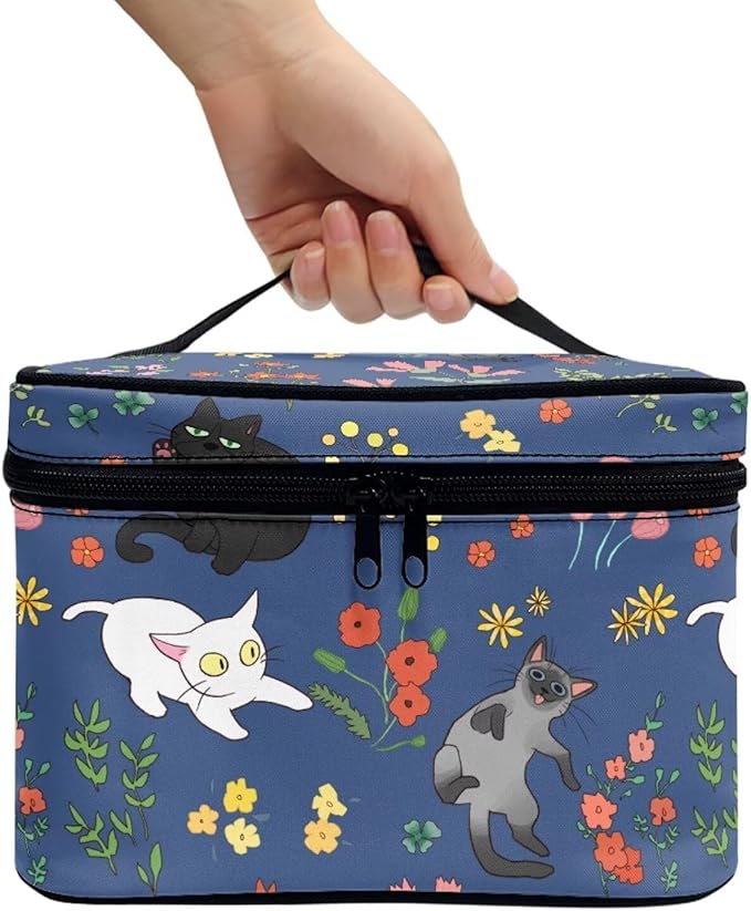 JoyLamoria Cat Floral Portable Cosmetic Bag Cute Makeup Case Zipper Closure