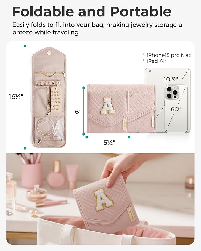 BAGSMART Travel Jewelry Organizer Case C Initial Foldable Jewelry Roll for Journey Rings, Necklaces, Earrings, Bracelets,Mini,Letter K,Soft Pink