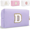 Small Personalized Letter Makeup Bag, Cute PU Leather Chenille Letters Cosmetic Bag Travel Makeup Pouch, Preppy Travel Organizer Zipper Pouch for Women&Girls（Purple-D）