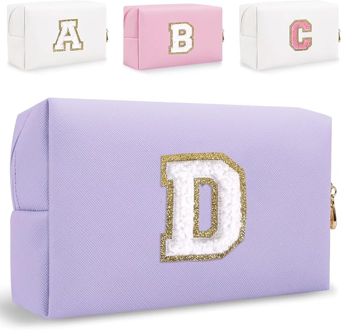 Small Personalized Letter Makeup Bag, Cute PU Leather Chenille Letters Cosmetic Bag Travel Makeup Pouch, Preppy Travel Organizer Zipper Pouch for Women&Girls（Purple-D）