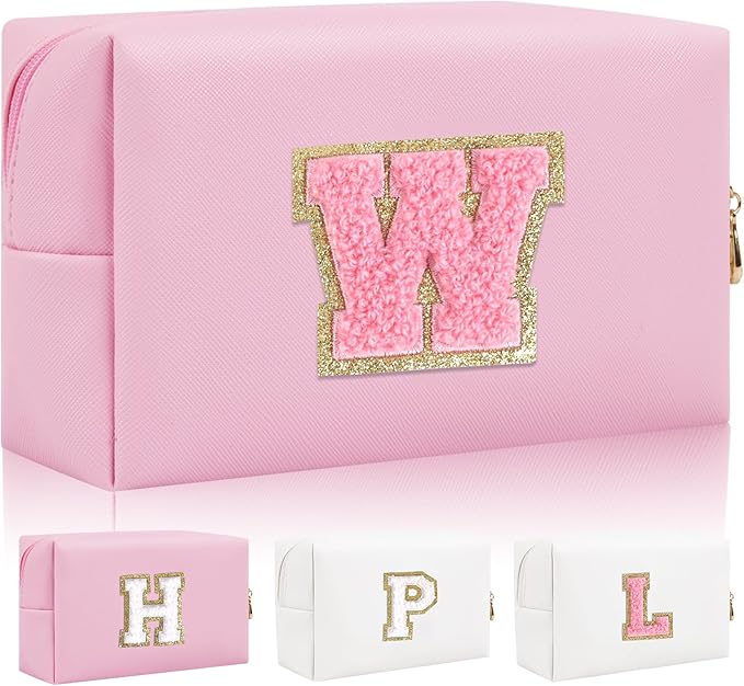 Personalized Initial Letter Patch Makeup Bag, Preppy Small Chenille Cosmetic Bag with Zipper, PU Leather Waterproof Travel Toiletry Bag Monogram Make Up Pouch for Women Girls