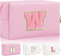Personalized Initial Letter Patch Makeup Bag, Preppy Small Chenille Cosmetic Bag with Zipper, PU Leather Waterproof Travel Toiletry Bag Monogram Make Up Pouch for Women Girls