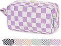 Narwey Small Checkered Makeup Bag for Purse Travel Makeup Pouch Mini Cosmetic Bag Zipper Pouch for Women (Purple Checkerboard, Small)