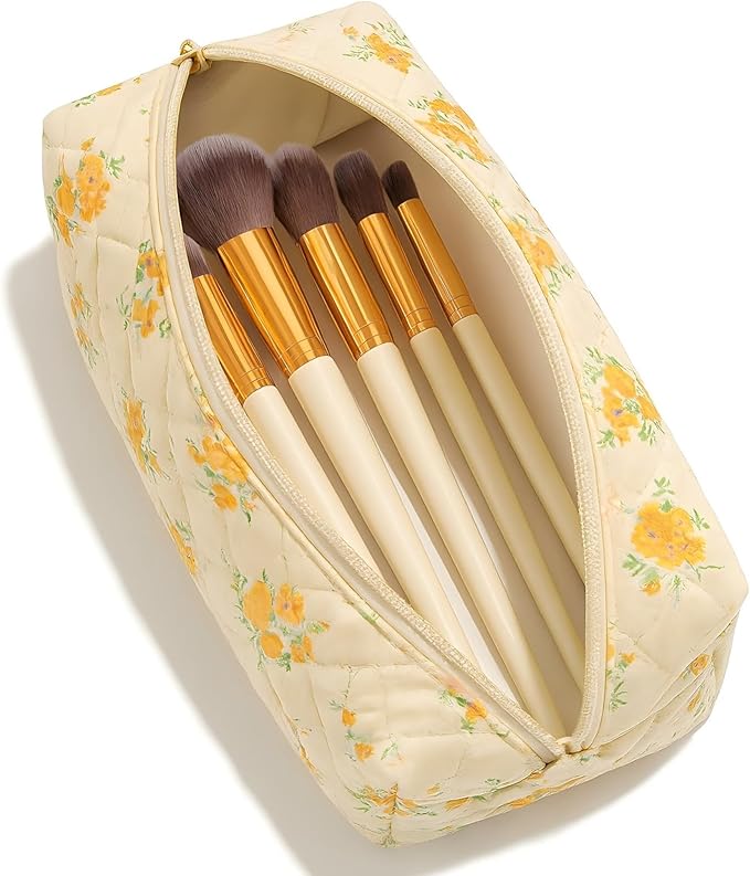 Floral Cotton Makeup Brush Cosmetic Bag for Women,Travel Quilted Zipper Pouch,Large Capacity Flowers Toiletry Organizer, Kawaii Makeup Storage Case, Cosmetic Travel Cloth Bag–Yellow/Orange Flowers