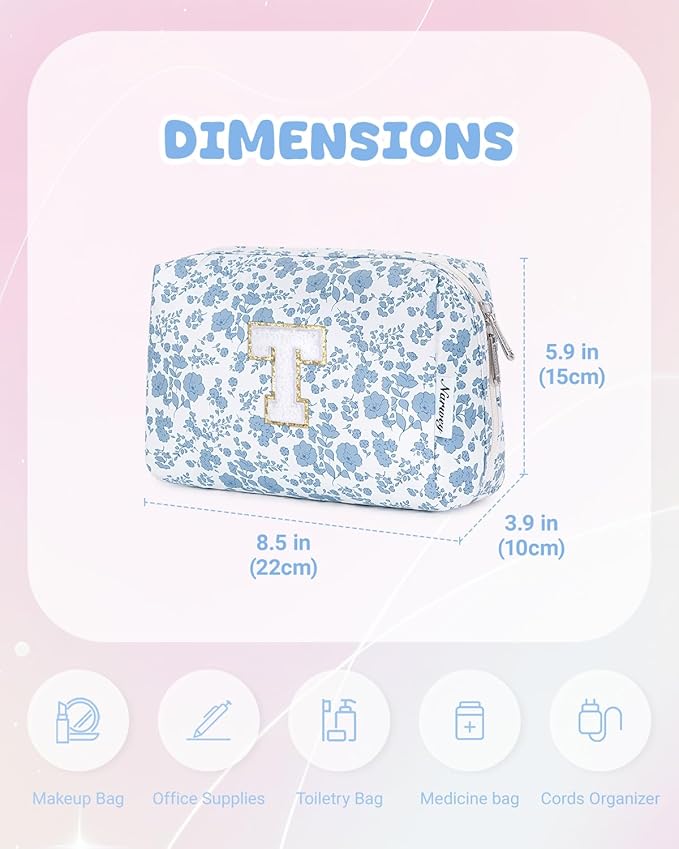 Narwey Birthday Gifts for Teen Girls Kids Women Personalized Initial Floral Makeup Bag Cute Cosmetic Trendy Stuff 6 8 10 11 12 13 14 16 18 Years Old Travel Toiletry Bag (Little Blue Flower T)