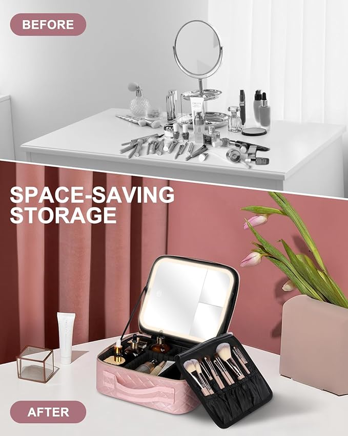 Makeup Bag with LED Lighted Mirror| Portable Makeup Organizer Train Case with 2X/3X Magnification & 3 Color Lights for Precision, Adjustable Brightness| Elegant Gift Packaging, Gift for Women, Pink
