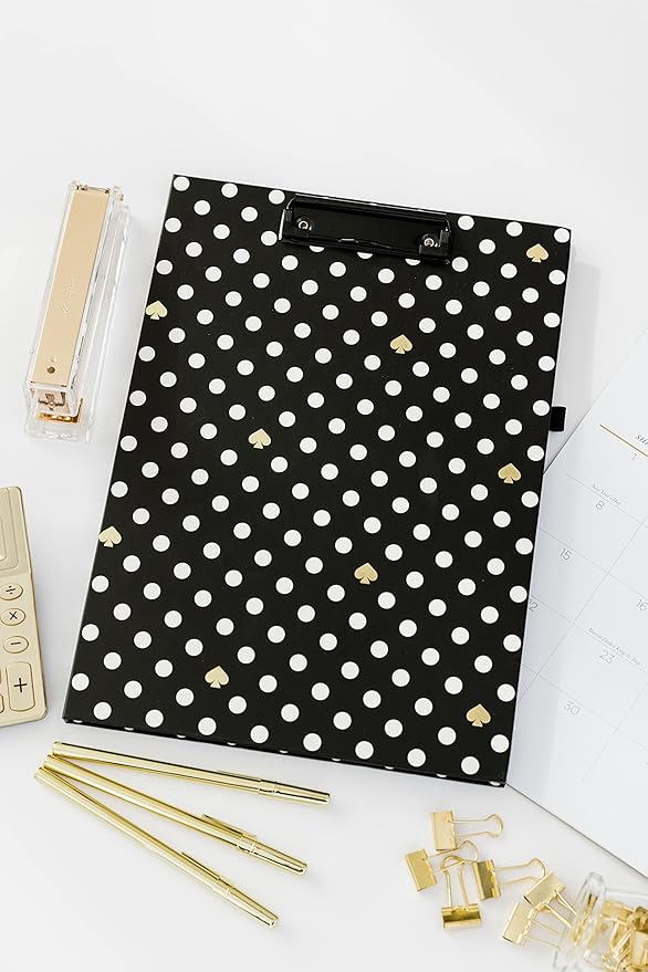 Kate Spade New York A4 Clipboard Folio with Low Profile Clip, Black Professional Padfolio Includes Lined Notepad, Pen Loop, and Pocket, Polka Dots