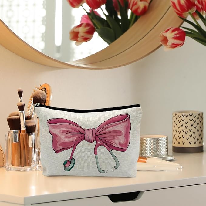 Pink Coquette Bow Stethoscope Nurse Makeup Bag, Nurse Gifts for Women Cosmetic Bags, Nurse Week Gifts Makeup Pouch, Nurse Appreciation Gifts Zipper Pouch