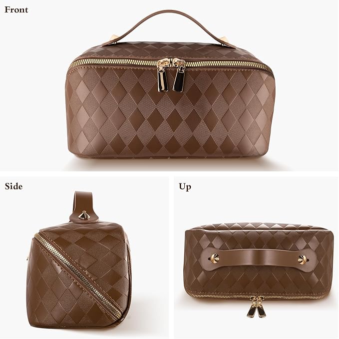 Abiudeng Travel Makeup Bag Large Capacity for Travel Essentials Open Flat Makeup bag Organizer with Divider and Handle-Rhombus Brown