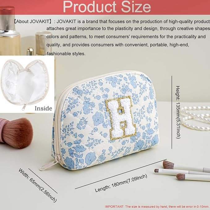 JOVAKIT Conch Alphabet Makeup Bag Cosmetic Bag for Women, Christmas Gifts for Women Girls, Blue Floral Coquette Travel Bag, Zipper Make Up Pouch Organizer Trendy Stuff (Blue Floral H)