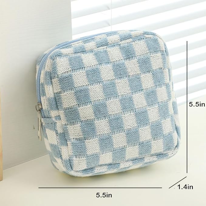 Small Blue Makeup Bag for Purse, Mini Checkered Cosmetic Bag Zipper Cute Make Up Pouch Travel Toiletry Case Quilted Aesthetic Accessories Makeup Storage Bag Organizer for Women Girls