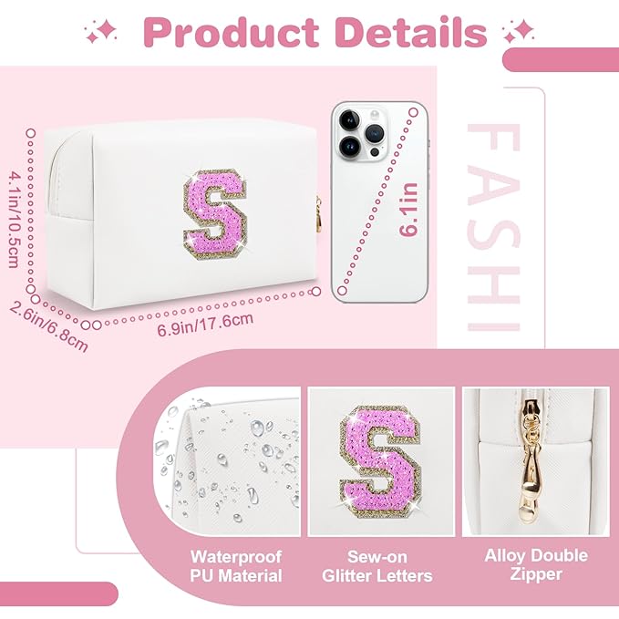 Small Initial Patch Makeup Bag Personalized Gifts Make Up Bag,White Cute PU Leather Glitter Letter Cosmetic Bag with Zipper,Trendy Portable Travel Toiletry Pouch,Preppy Stuff for Teen Girls Women S