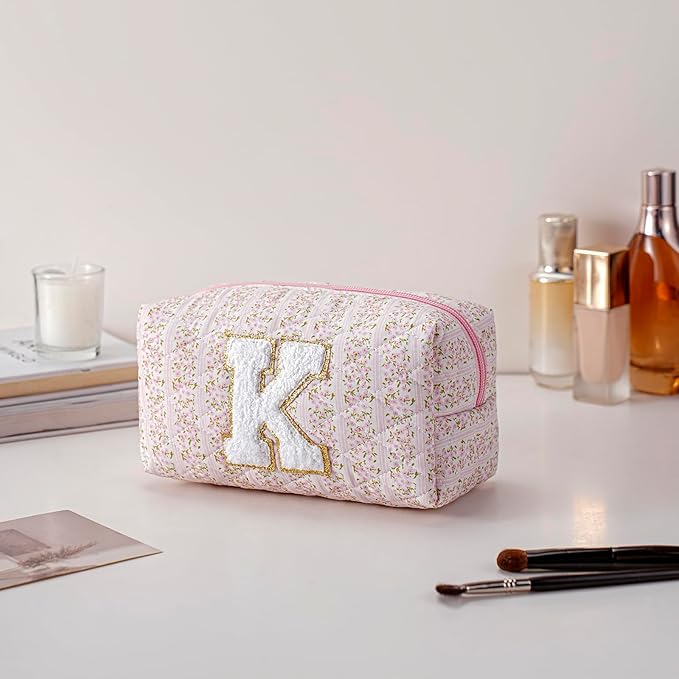 JOVAKIT Makeup Bag Cosmetic Bags for Women, Christmas Gifts for Girls Age 6-18, Alphabet Pink Floral Coquette Zipper Travel Makeup Pouch, Organizer Case Trendy Stuff (Pink Floral K)