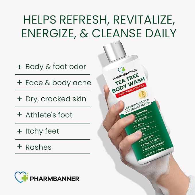 Tea Tree Antifungal Body Wash – Soothes Folliculitis, Acne, Jock Itch, Athlete’s Foot, Ringworm, Tinea Versicolor, Body Odor, Eczema & Dermatitis-Prone Skin