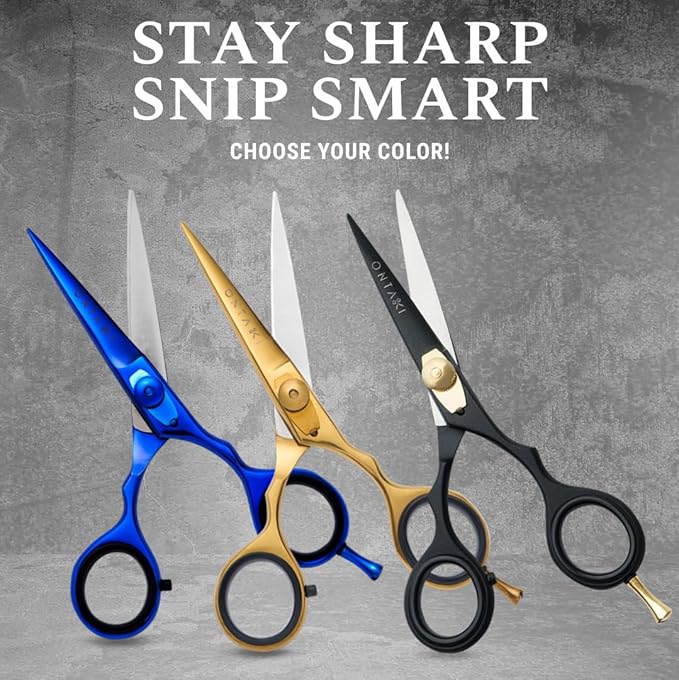 Ontaki Japanese Steel Beard & Hair Trimming Scissors - Precision Convex Blades Hair Cutting Scissors - Adjustable Tension Knob Barber Shears - Rubber Ring Grip & Mustache Comb - Gold Brass, 5.5 in