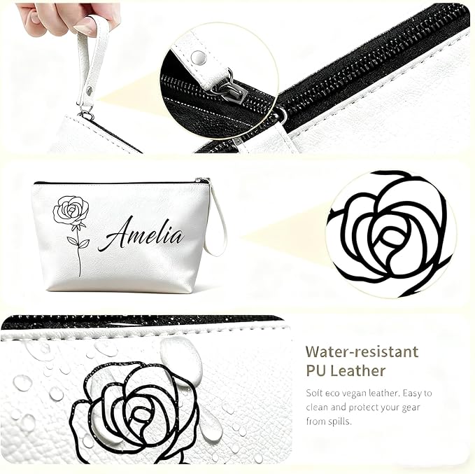 Personalized Makeup Bag Initial&Birth Flower Custom Small Travel Cosmetic Bag with Name Cute Makeup Bag for Women Girls