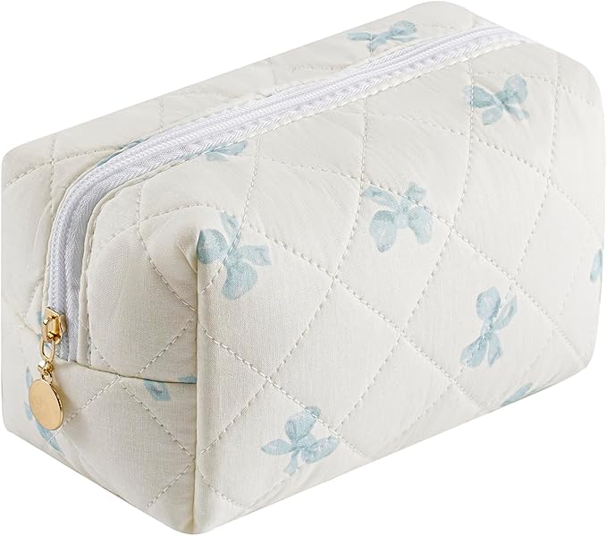 JOVAKIT Square Makeup Bag Cute Cosmetic Bag for Women, Floral Coquette Aesthetic Toiletry Bag, Zipper Make Up Pouch, Travel Make Up Organizer Bag (Blue Bow Tie)