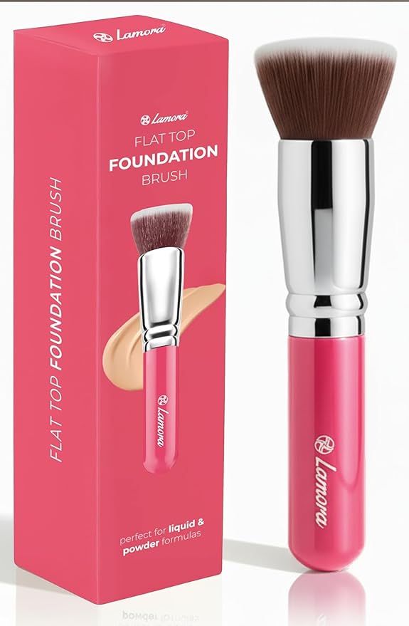 Lamora Makeup Brush Foundation Kabuki - Flat Top Face Brush for Liquid, Cream, and Powder Cosmetics - Full Coverage Blending, Buffing, Stippling, Contouring