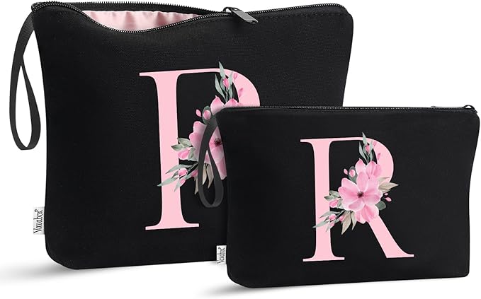 Vavabox A-Z Personalized Makeup Bag, Birthday Gifts for Women Mom, Gifts for Best Friend, Bride Bridesmaid Cosmetic bag (R, 04-Black Set)