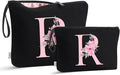 Vavabox A-Z Personalized Makeup Bag, Birthday Gifts for Women Mom, Gifts for Best Friend, Bride Bridesmaid Cosmetic bag (R, 04-Black Set)