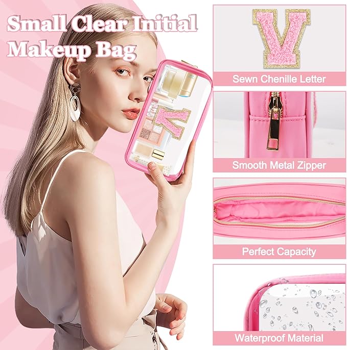Small Clear Personalized Initial Makeup Bag, Preppy Nylon A-Z Chenille Letter Patch Makeup Organizer TSA Approved Travel Toiletry Bag,Waterproof Zip Beach Cosmetic Pouch Purse for Women(Pink-Pink V)