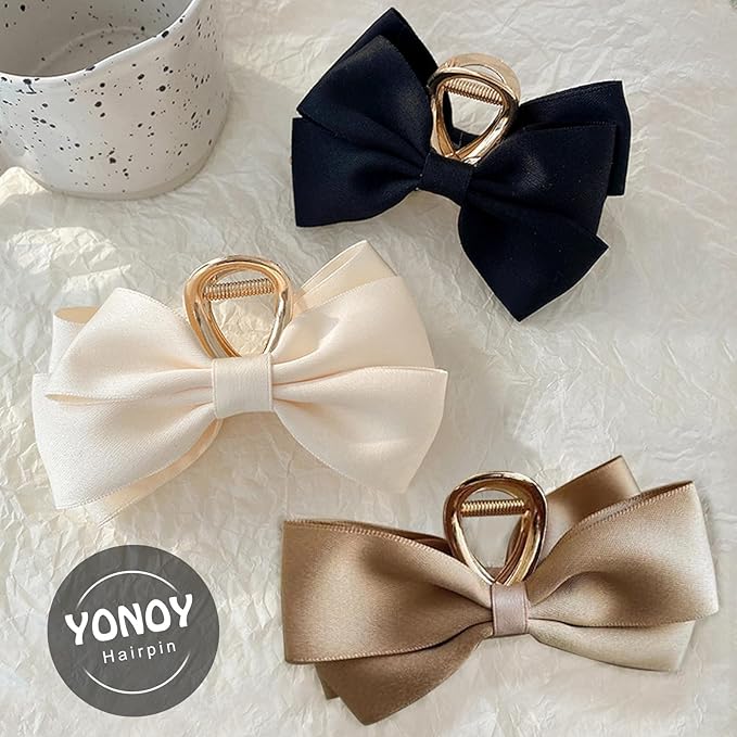 YONOY 3PCS Metal Claw Hair Clips for Women & Girls - Premium Bow-knot Nonslip Claw Clips for Thick & Thin Hair, Big Bows (Black, White, Khaki)