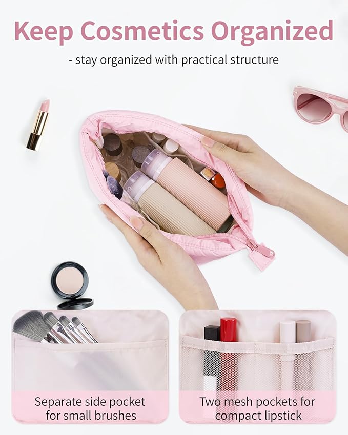 Narwey Small Makeup Bag for Travel Women Girl, Puffer Cosmetic Bag Makeup Pouch for Purse with Zipper, Cute Puffy Make Up Organizer Bags, Travel Toiletry Bag Toiletries (Dusty Rose)