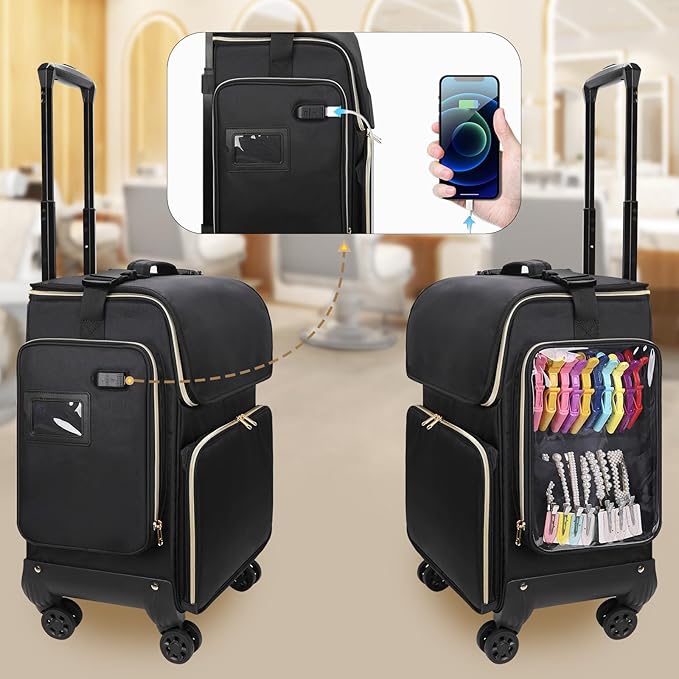 Large Makeup Train Case for Hairstylists & Hairdressers - Cosmetic Organizer with Detachable Pouch, Heat-Insulated & Anti-Scald Full Layer, Hairdressing Tool Storage Trolley with 4 360° Swivel Wheels
