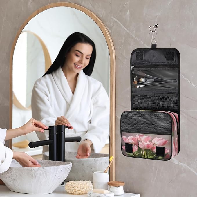 Travel Toiletry Bag for Women & Men Pink Flower Tulip Hanging Cosmetic Organizer Portable Waterproof Makeup Case Make Up Bag with Compartments Travel Essentials for Bathroom Shower