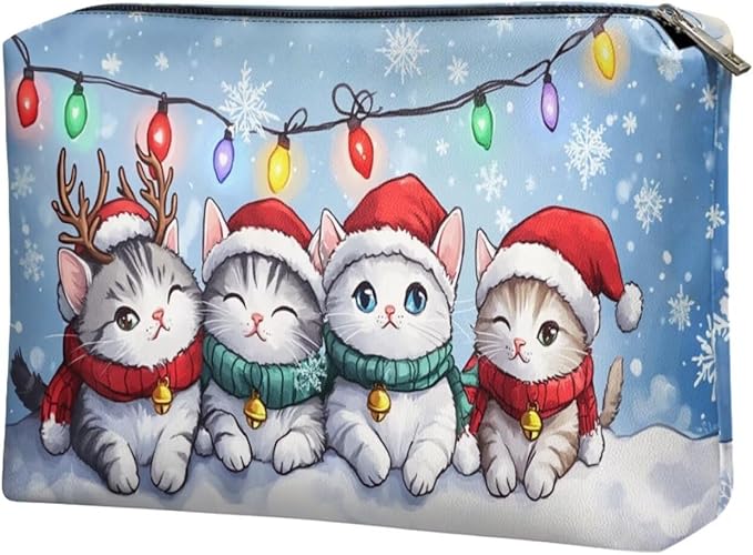 COEQINE Cute Makeup Bags for Women Christmas Cat Kawaii Cosmetic Zipper Pouch Bags with Zipper Soft Leather Makeup Brush Holder Storage Toiletry Holiday Handbag