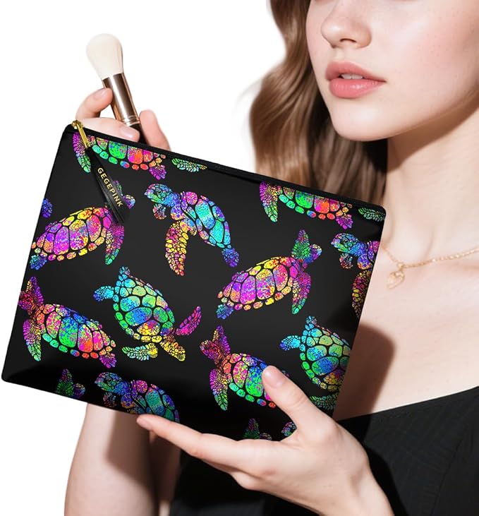 Cute Makeup Bag for Purse Waterproof Cosmetic Bags for Women Funny Smooth Zipper Travel Toiletry Pouch 10X8 Inches-Rainbow Turtle Makeup pouch