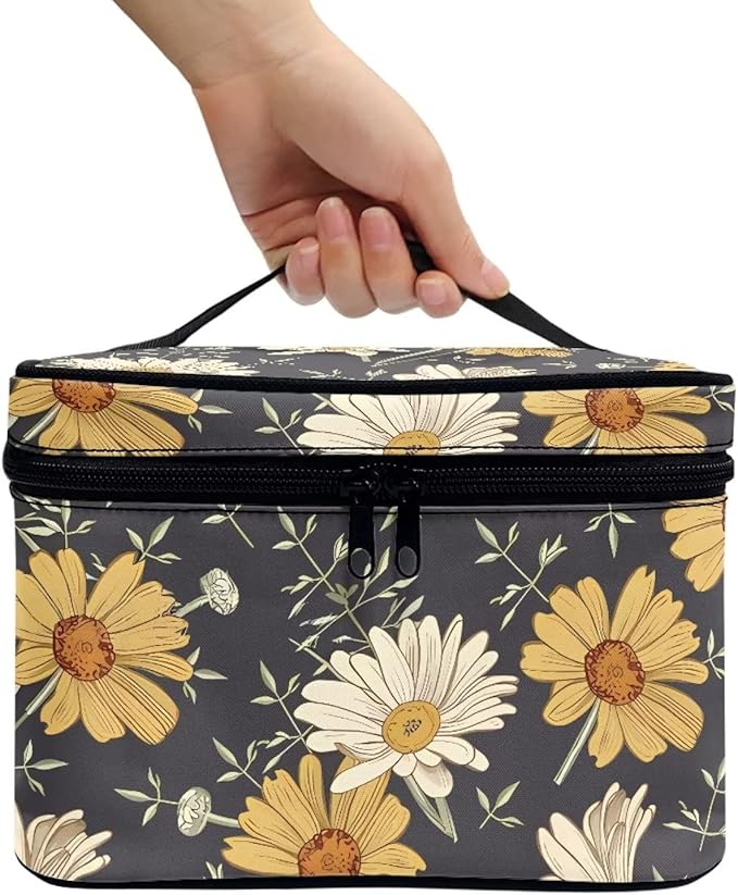 Cottagecore forest Daisy Flower Pattern Travel Makeup Bag for Women,Multifuntional Makeup Organizer,Large Capacity Cosmetic Bag,Toiletry Bag for Women with Zipper and Portable Handle