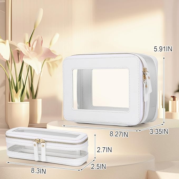 Pinkmik Clear Makeup Bag with Brush Case Travel Toiletry Bag Waterproof Cosmetic Organizer Car Essentials for Women (White, M+SLIM-1)