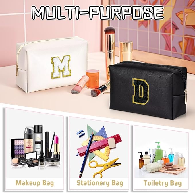 TOPEAST Initial Makeup Bags for Women, Personalized Portable Cosmetic Bag for Travel, Cute Makeup Pouch, PU Leather Waterproof Toiletry Bag, Preppy Things for Girl (Black V)