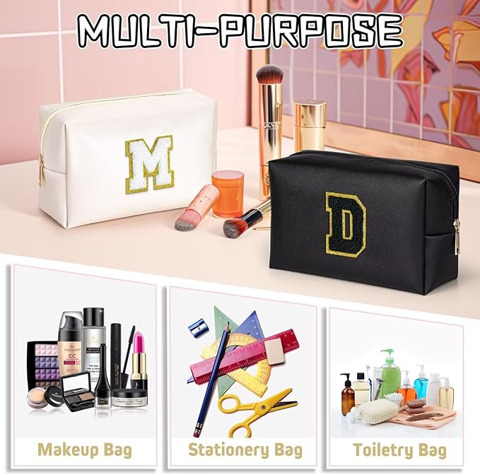TOPEAST Preppy Patch Makeup Bag, Chenille Letter Pouch Cosmetic Bag, PU Leather Waterproof Toiletry Bag, Personalized Birthday Gift for Women Girl, Cute Stuff for Girls (Black B)