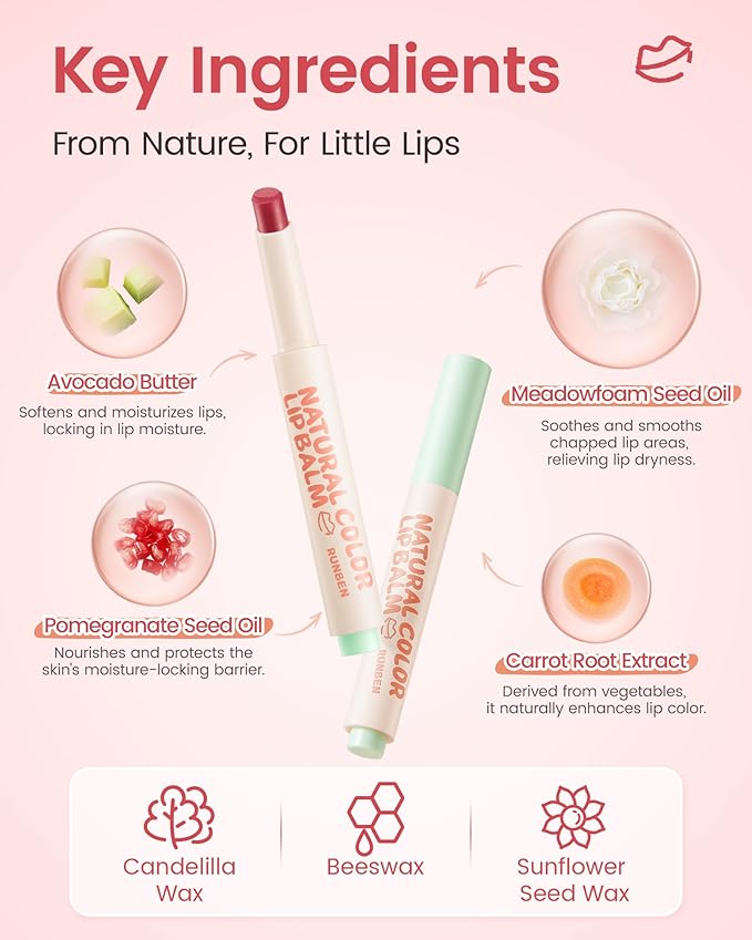 RUNBEN Kids Tinted Lip Balm, Pomegranate -Scented Lipstick, 24H Moisturizing, Safe & Non-toxic Lip Gloss for Kids & Teen, Christmas Makeup Gift for Girls, 2g