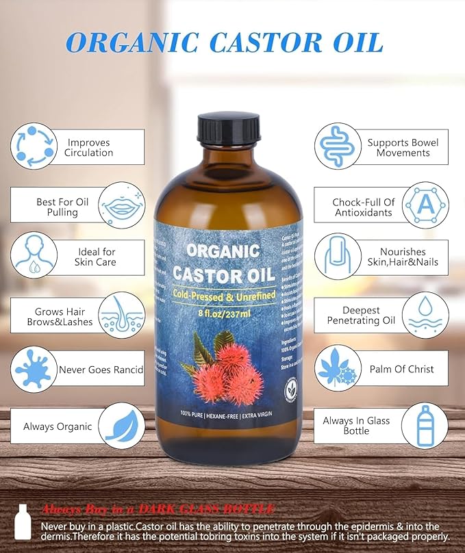 Organic Castor Oil for Face Roll On，Rollerball Deep Hydration for Skin Care and Hair, Castor Oil Organic Cold Pressed Unrefined Glass Bottle 8oz with 2 Roller