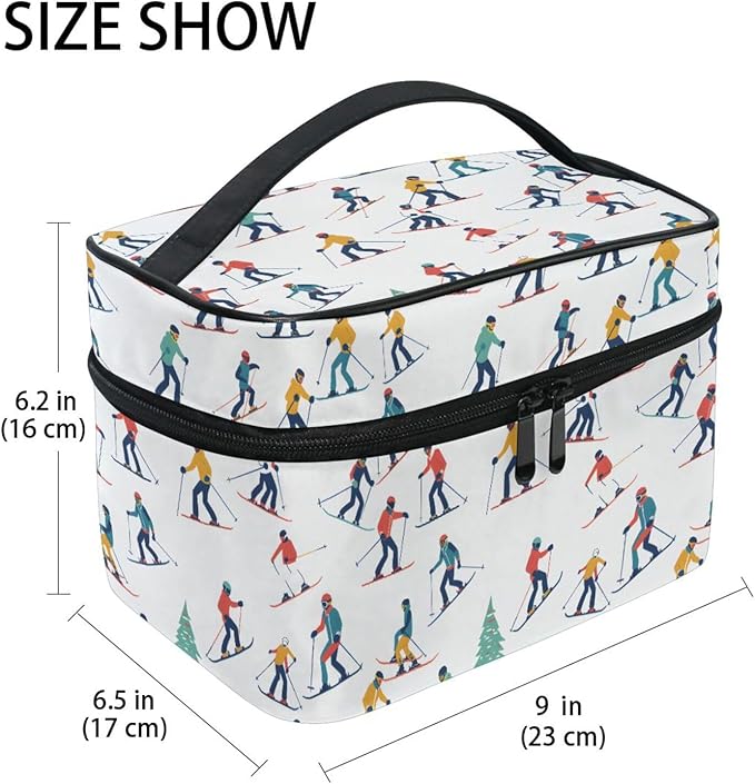 Makeup Train Case Winter Sports Skiers Carrying Portable Zip Travel Cosmetic Brush Bag Organizer Large for Women